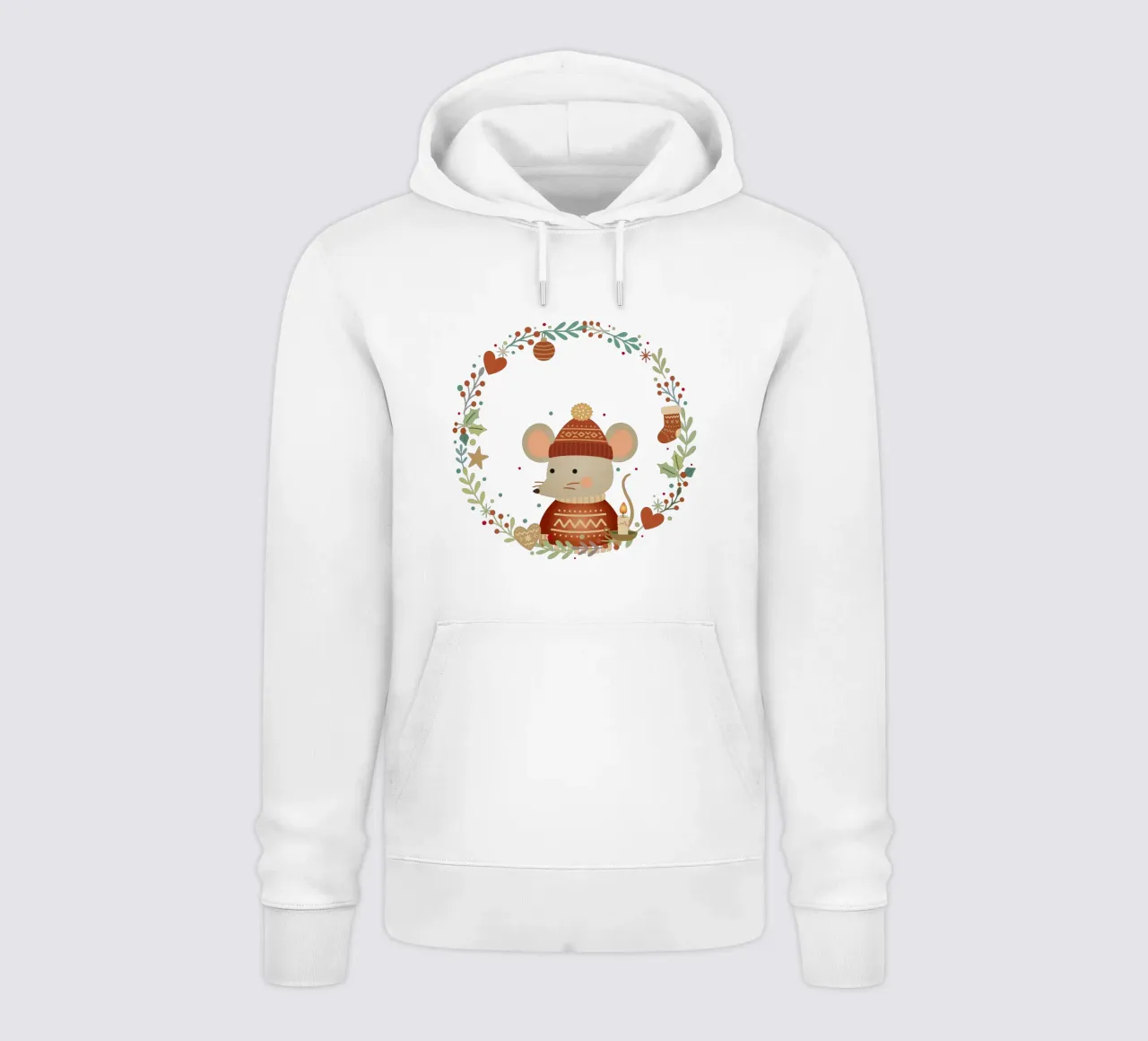 Topo con un caldo maglione invernale, circondato da una corona di fiori felpa con cappuccio da NA/MO