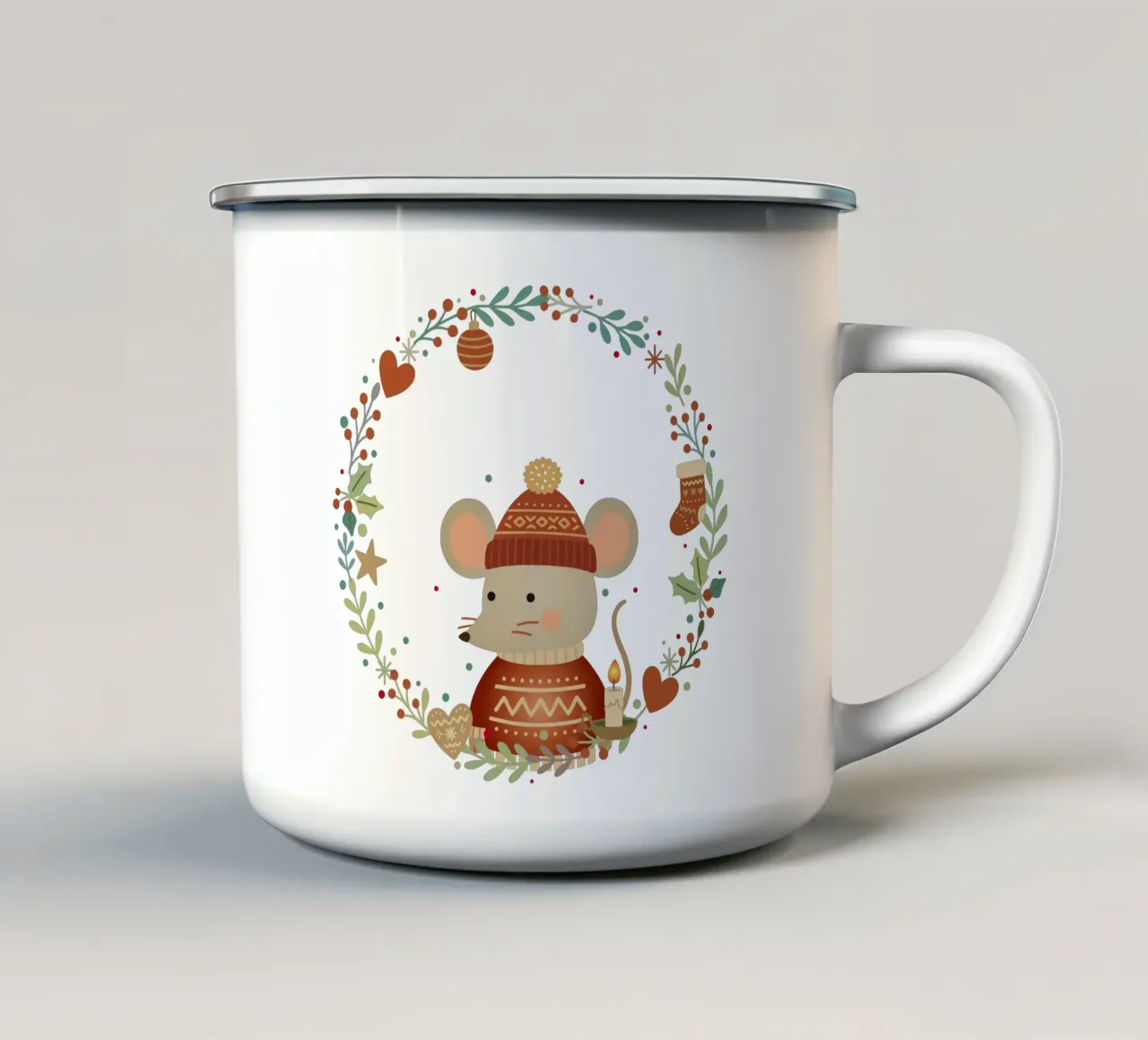 Topo con un caldo maglione invernale, circondato da una corona di fiori tazza in smalto da NA/MO