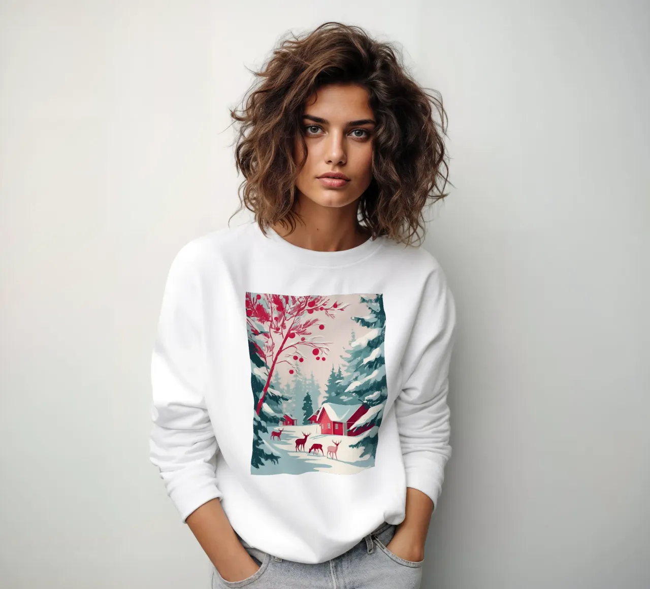 Scena di foresta invernale innevata con capanne rosse e cervi al pascolo felpa da Holiday Hearth Prints