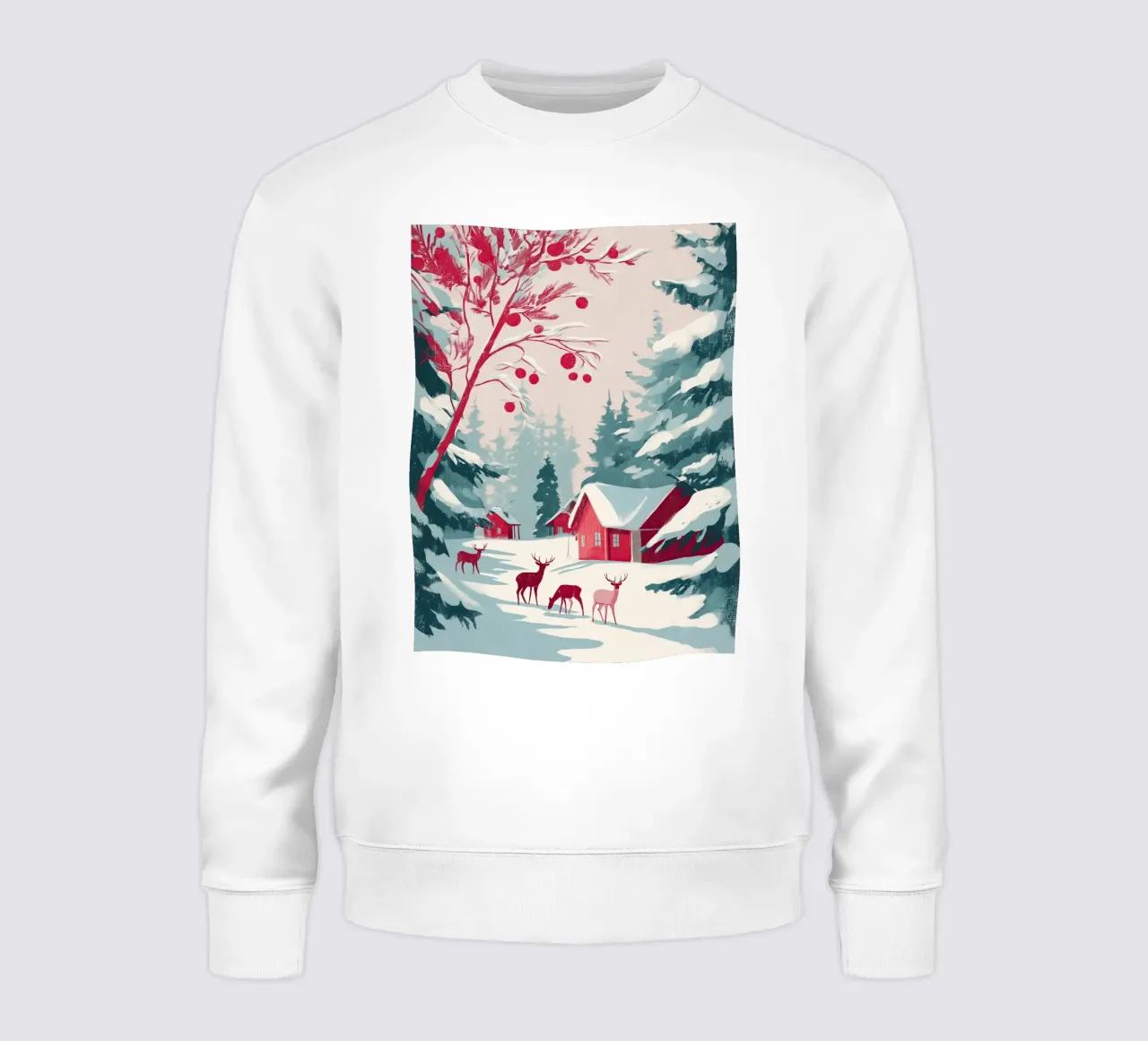 Scena di foresta invernale innevata con capanne rosse e cervi al pascolo felpa da Holiday Hearth Prints