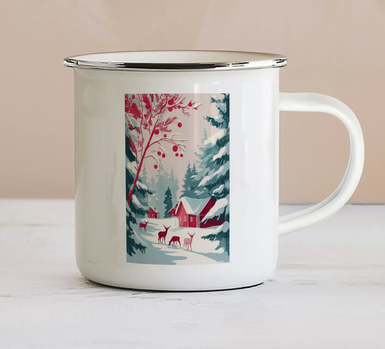 Scena di foresta invernale innevata con capanne rosse e cervi al pascolo tazza in smalto da Holiday Hearth Prints