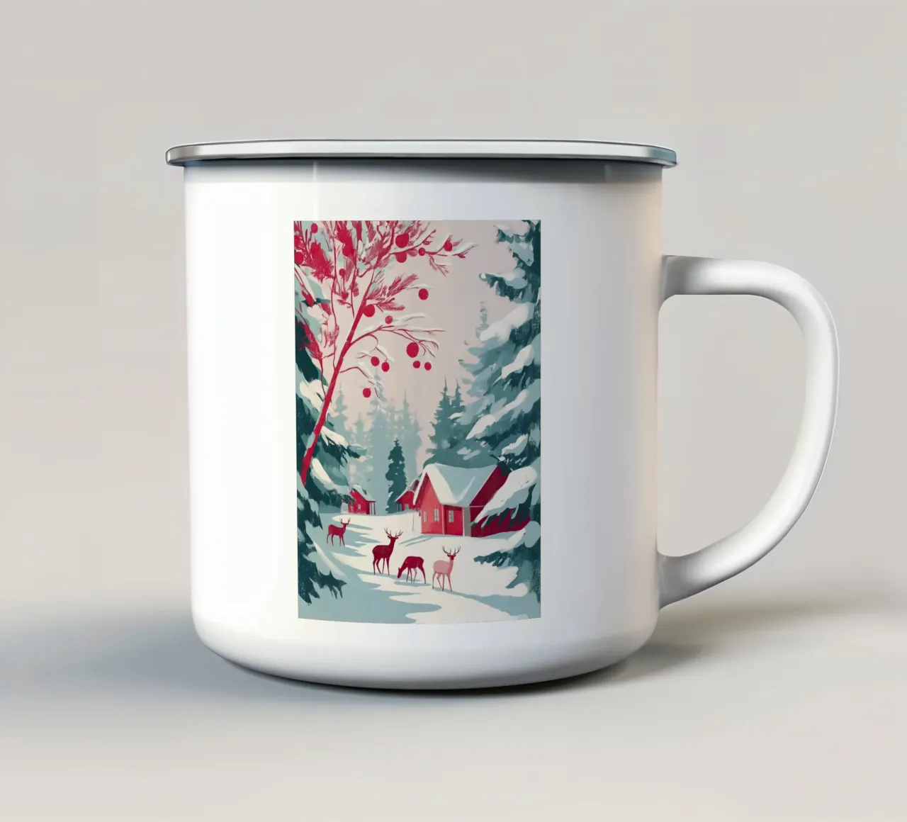 Scena di foresta invernale innevata con capanne rosse e cervi al pascolo tazza in smalto da Holiday Hearth Prints