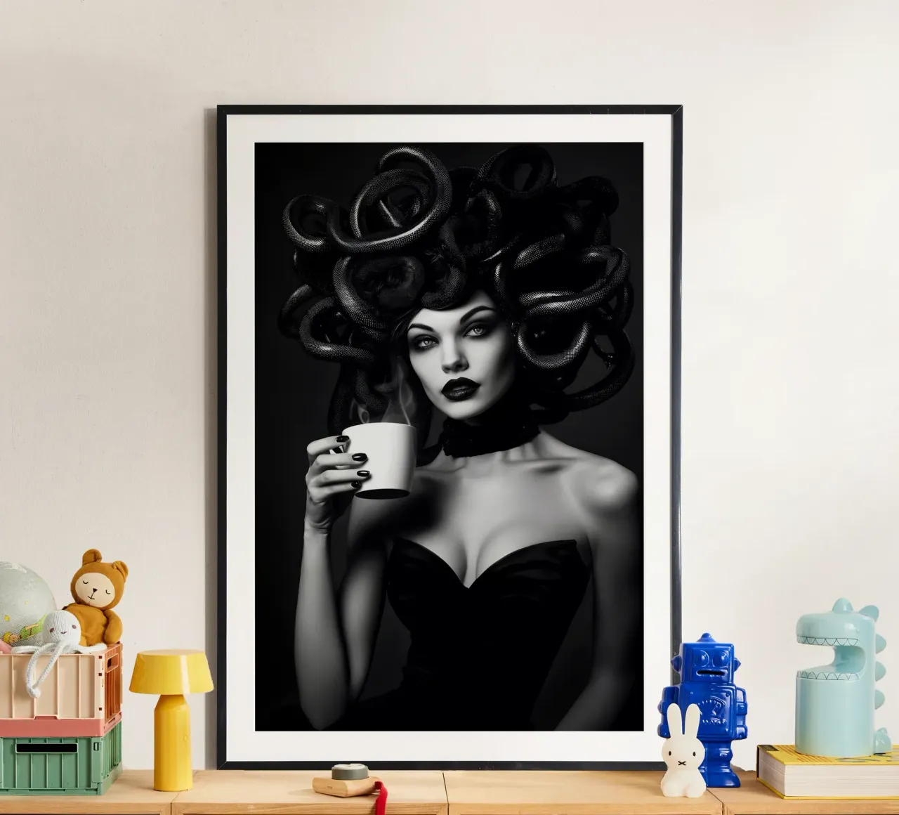 The coffee of the Medusa poster with wooden frame by M-Ulrich-Digital Art
