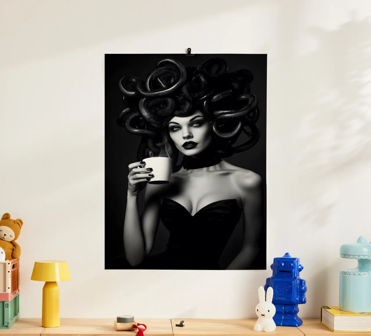 The coffee of the Medusa poster with wooden frame by M-Ulrich-Digital Art