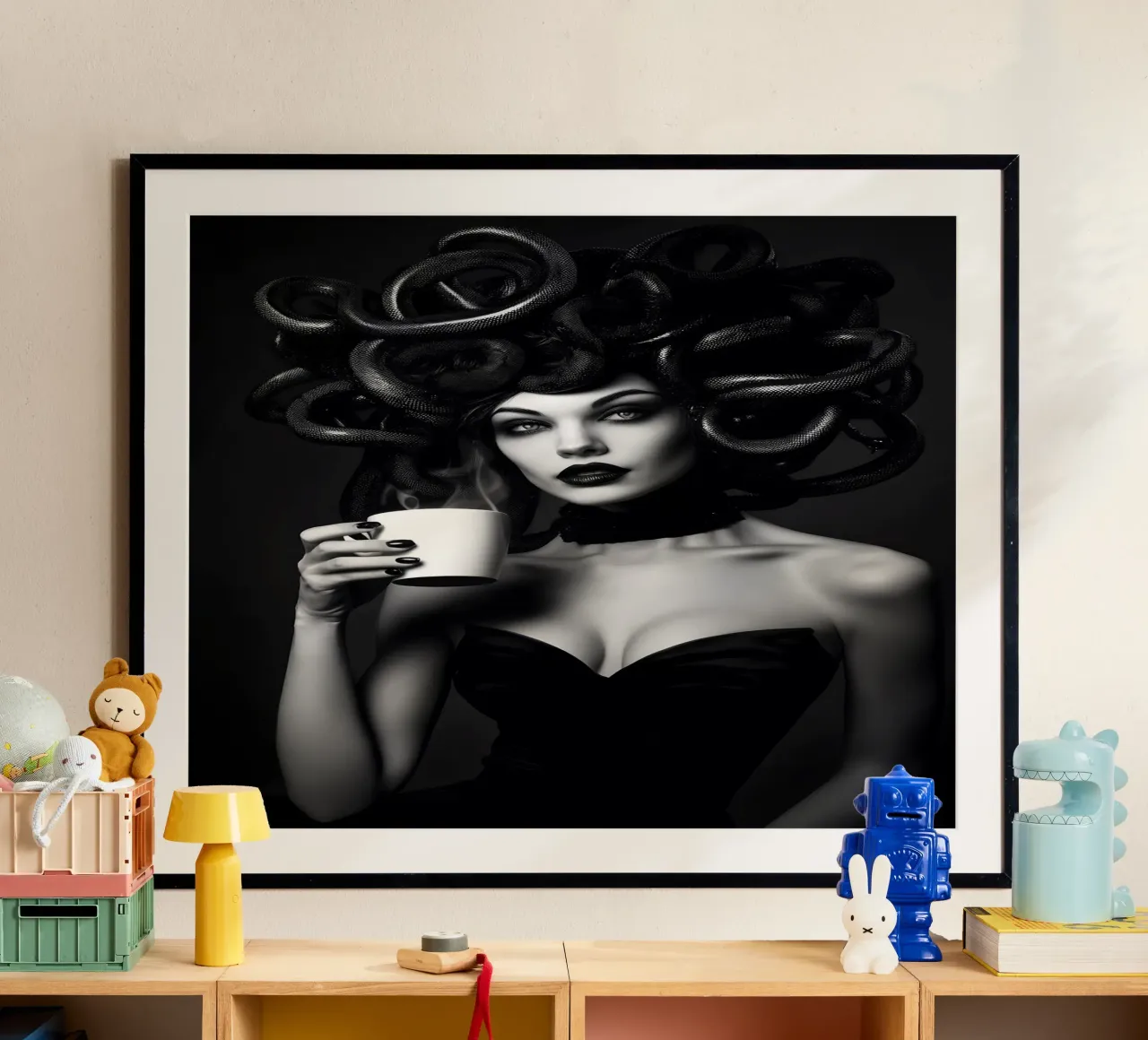 The coffee of the Medusa poster with wooden frame by M-Ulrich-Digital Art
