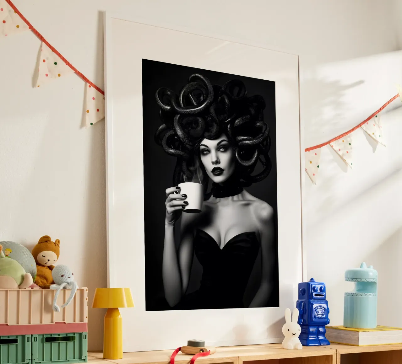 The coffee of the Medusa poster with wooden frame by M-Ulrich-Digital Art