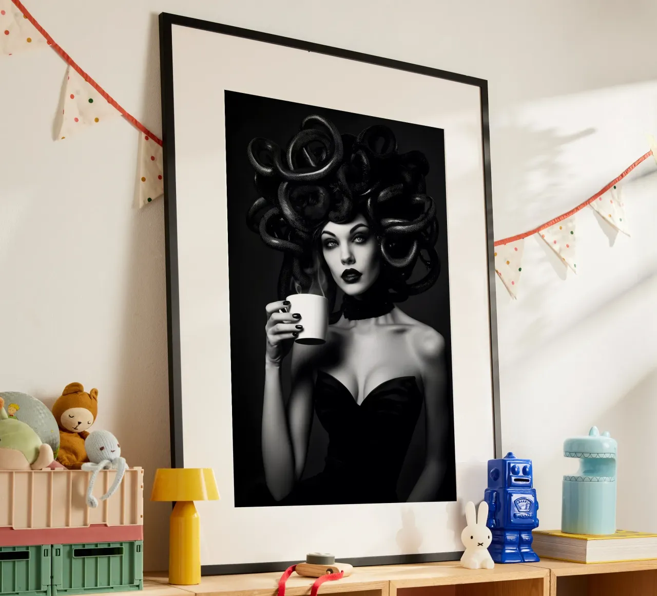 The coffee of the Medusa poster with wooden frame by M-Ulrich-Digital Art