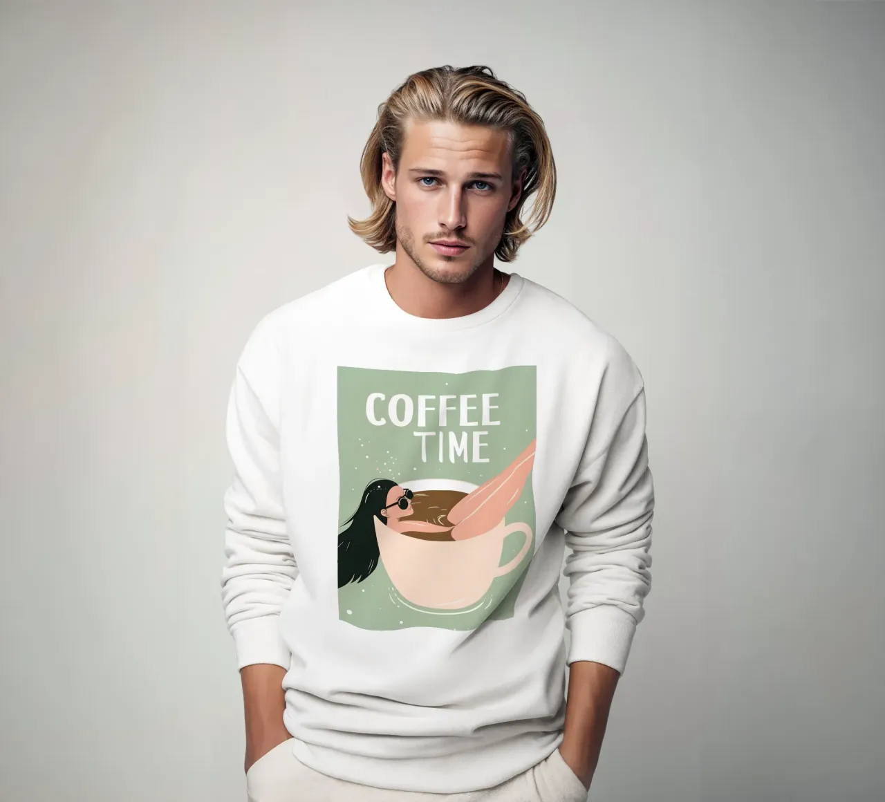 Illustrazione dell'ora del caffè con donna rilassata in tazza di caffè felpa da Trendy Vibes