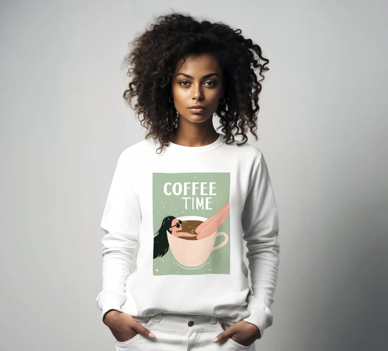 Illustrazione dell'ora del caffè con donna rilassata in tazza di caffè felpa da Trendy Vibes