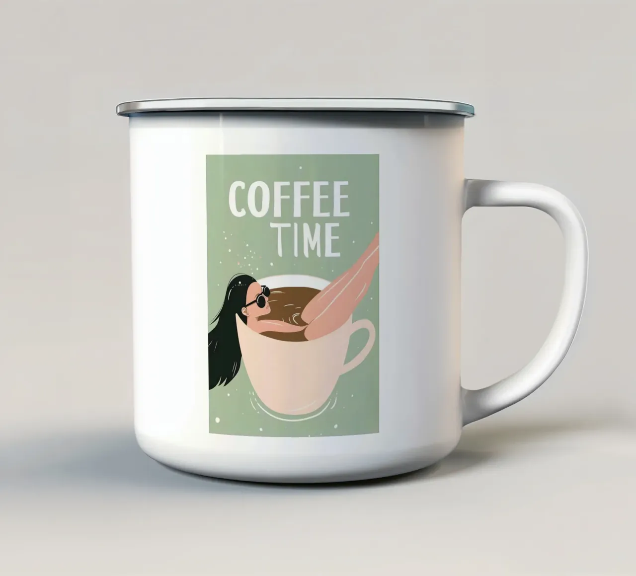 Illustrazione dell'ora del caffè con donna rilassata in tazza di caffè tazza in smalto da Trendy Vibes