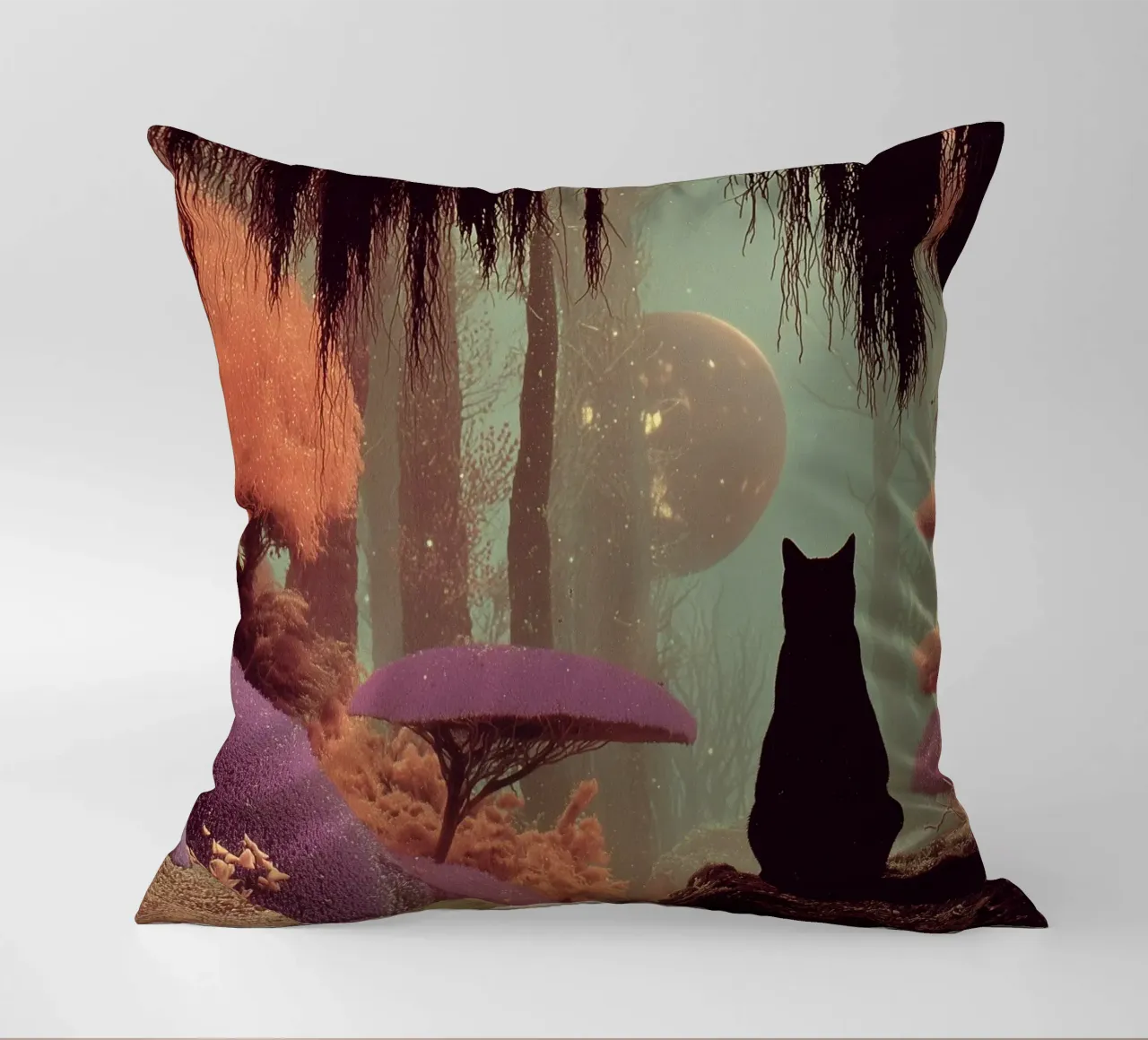 Gatto nella foresta incantata cuscino da Jana Leonenkov Art