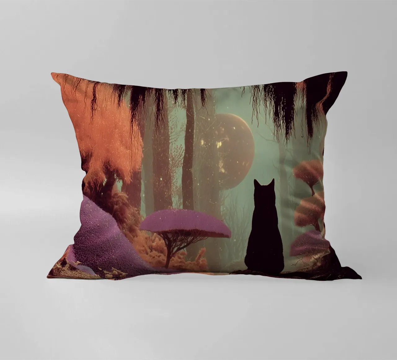 Gatto nella foresta incantata cuscino da Jana Leonenkov Art