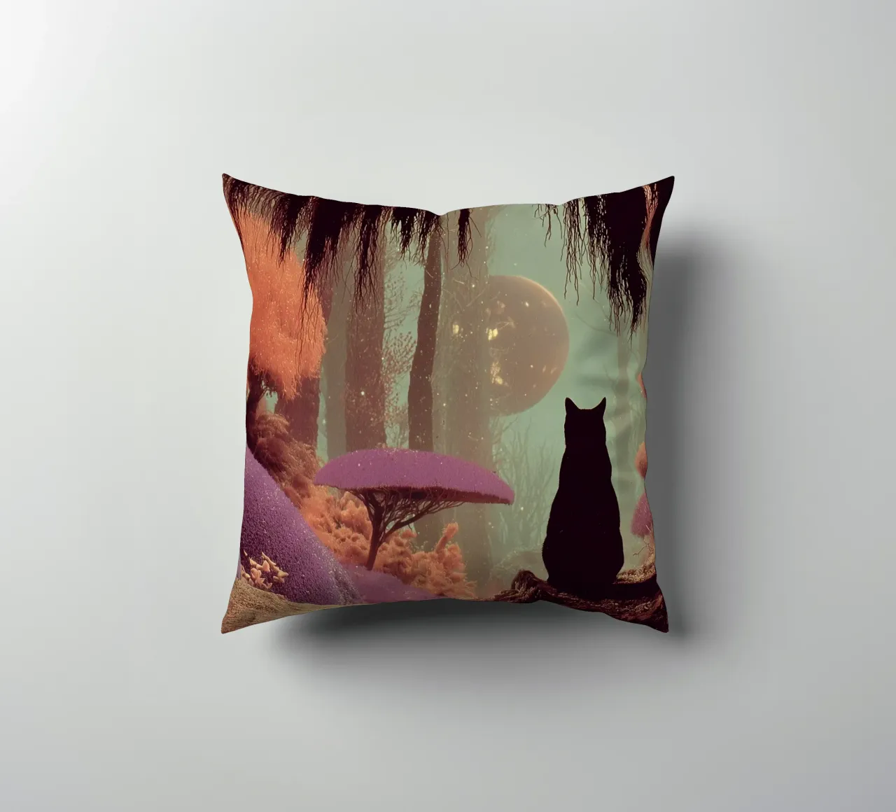 Gatto nella foresta incantata cuscino da Jana Leonenkov Art