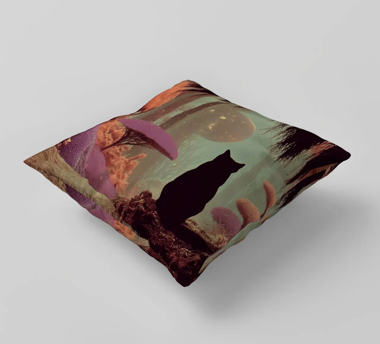 Gatto nella foresta incantata cuscino da Jana Leonenkov Art