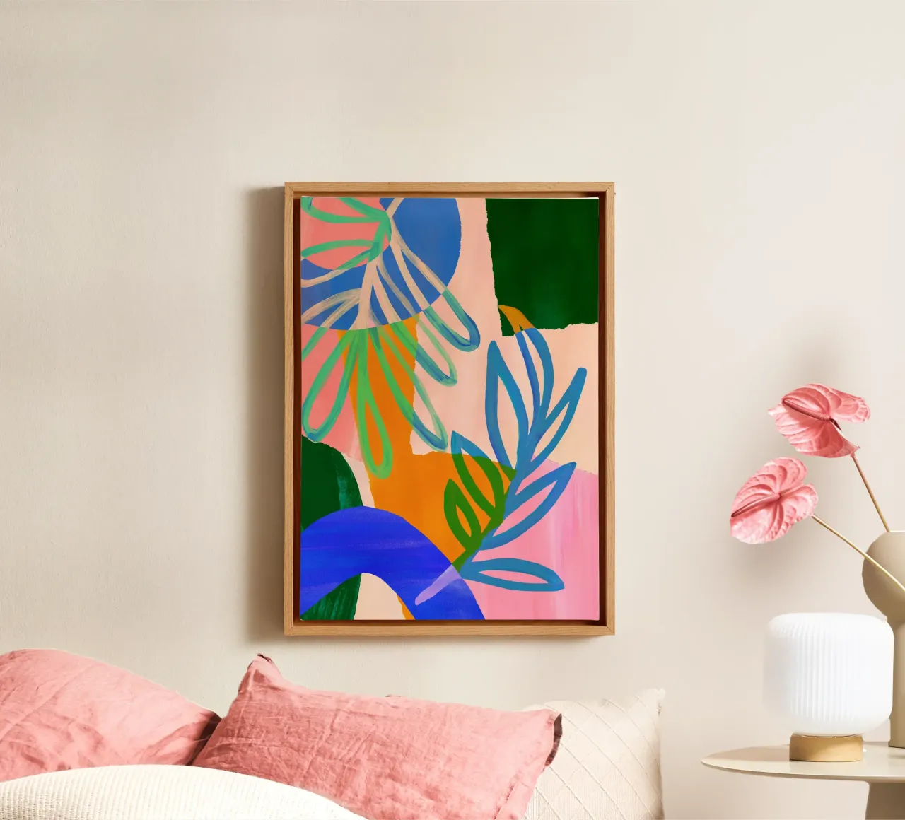 Colourful Modern Leaf Art Print tela con Cornice a cassetta da Violets Print House