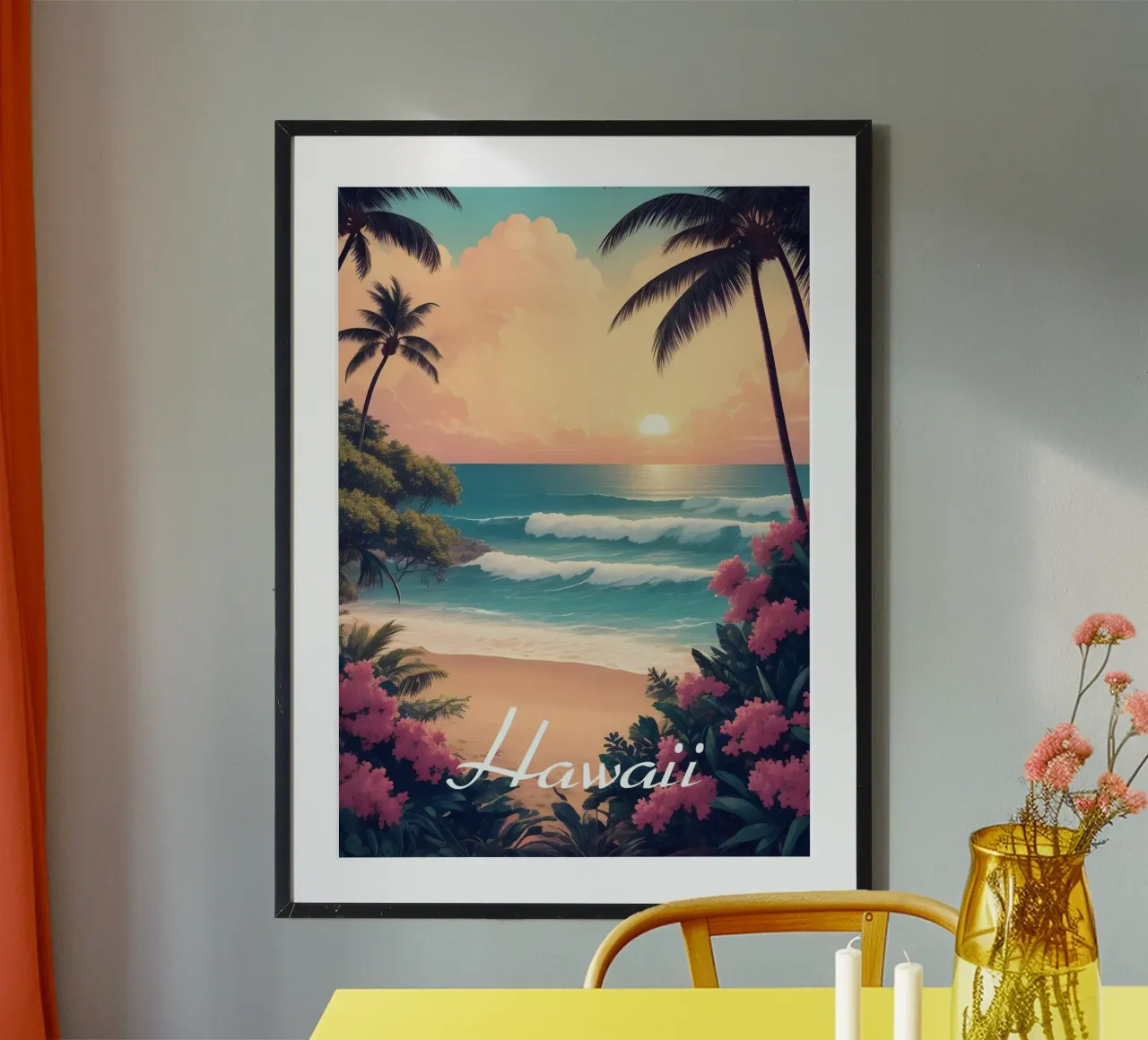 Scena di spiaggia tropicale alle Hawaii poster con telaio in plastica da Charnwood Prints