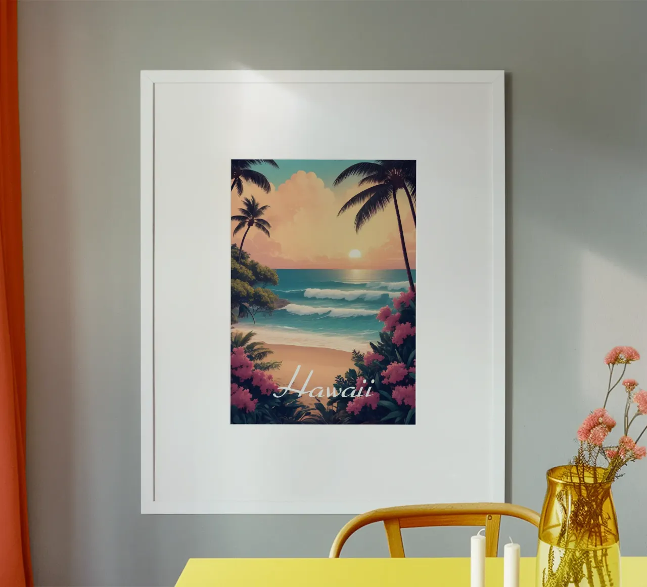 Scena di spiaggia tropicale alle Hawaii poster con telaio in plastica da Charnwood Prints