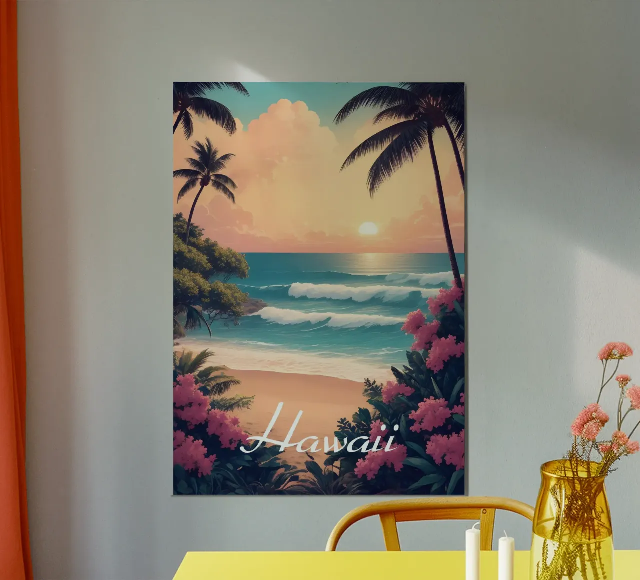 Scena di spiaggia tropicale alle Hawaii poster con telaio in plastica da Charnwood Prints