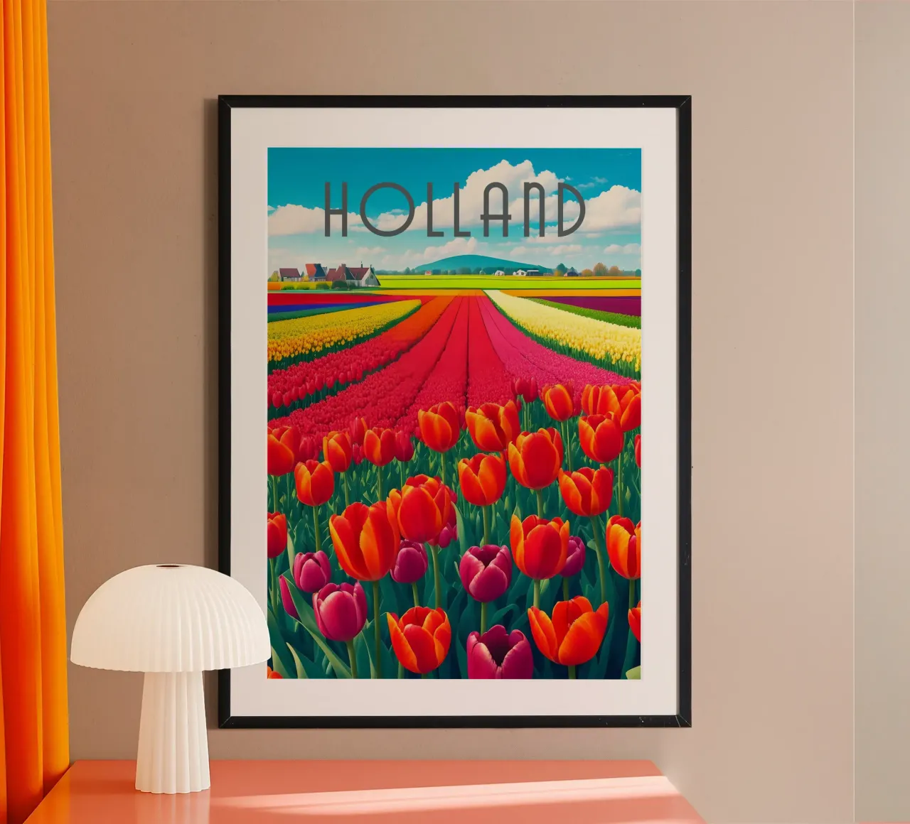 Olanda Scena dei campi di tulipani poster con telaio in plastica da Charnwood Prints