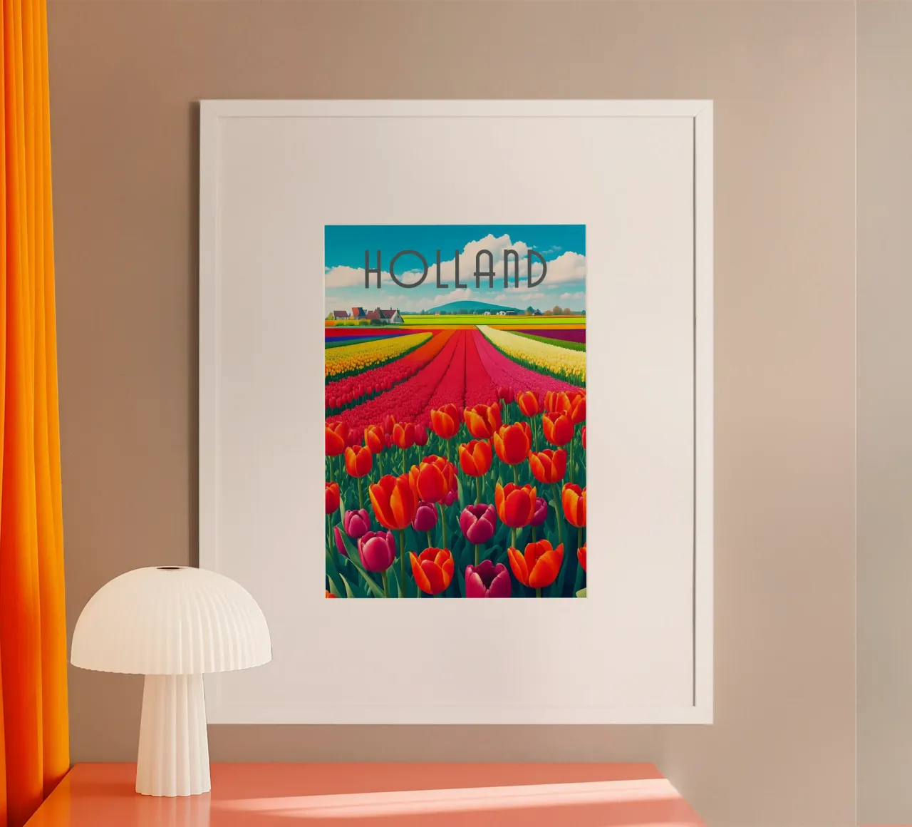 Olanda Scena dei campi di tulipani poster con telaio in plastica da Charnwood Prints
