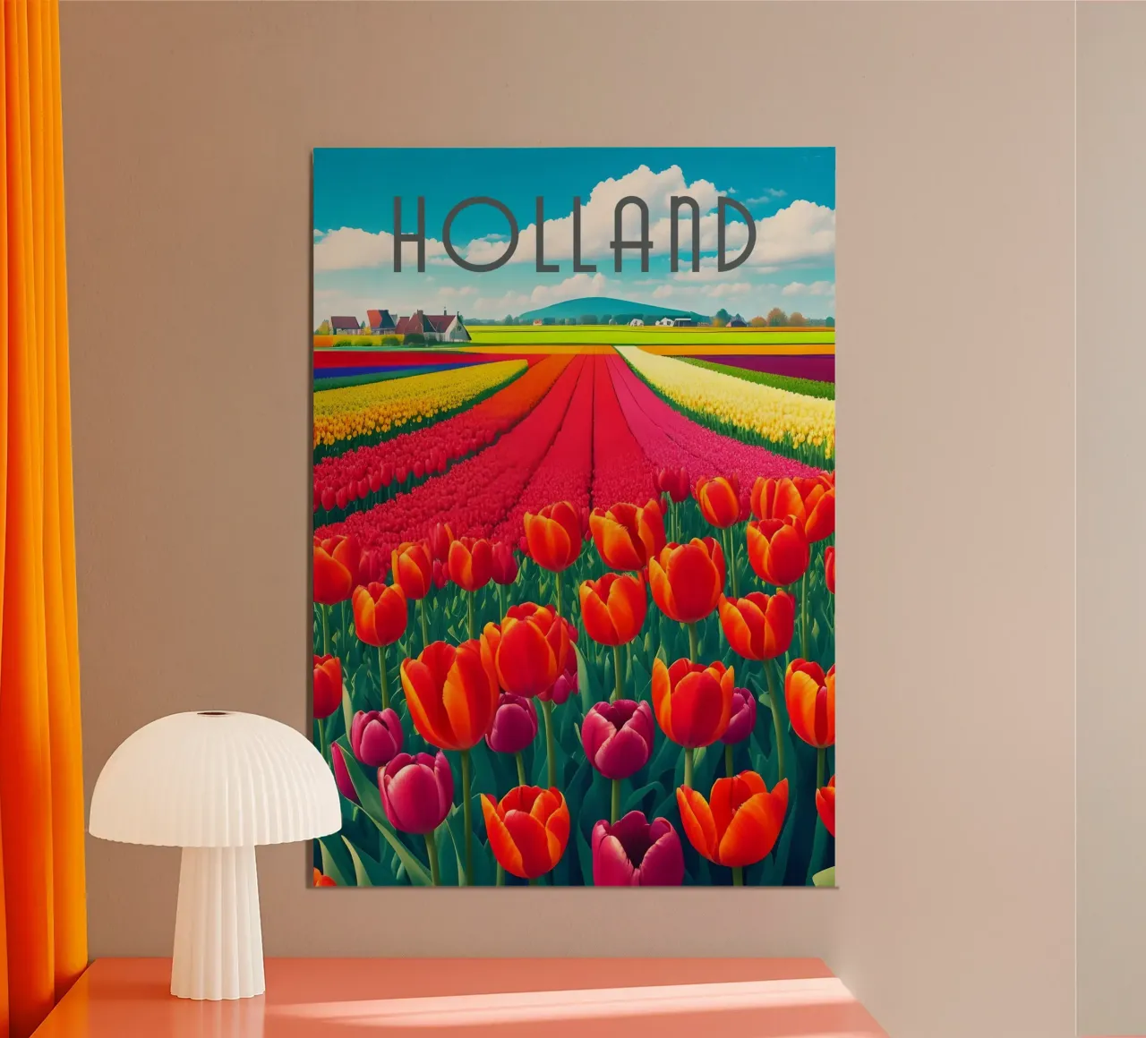 Olanda Scena dei campi di tulipani poster con telaio in plastica da Charnwood Prints