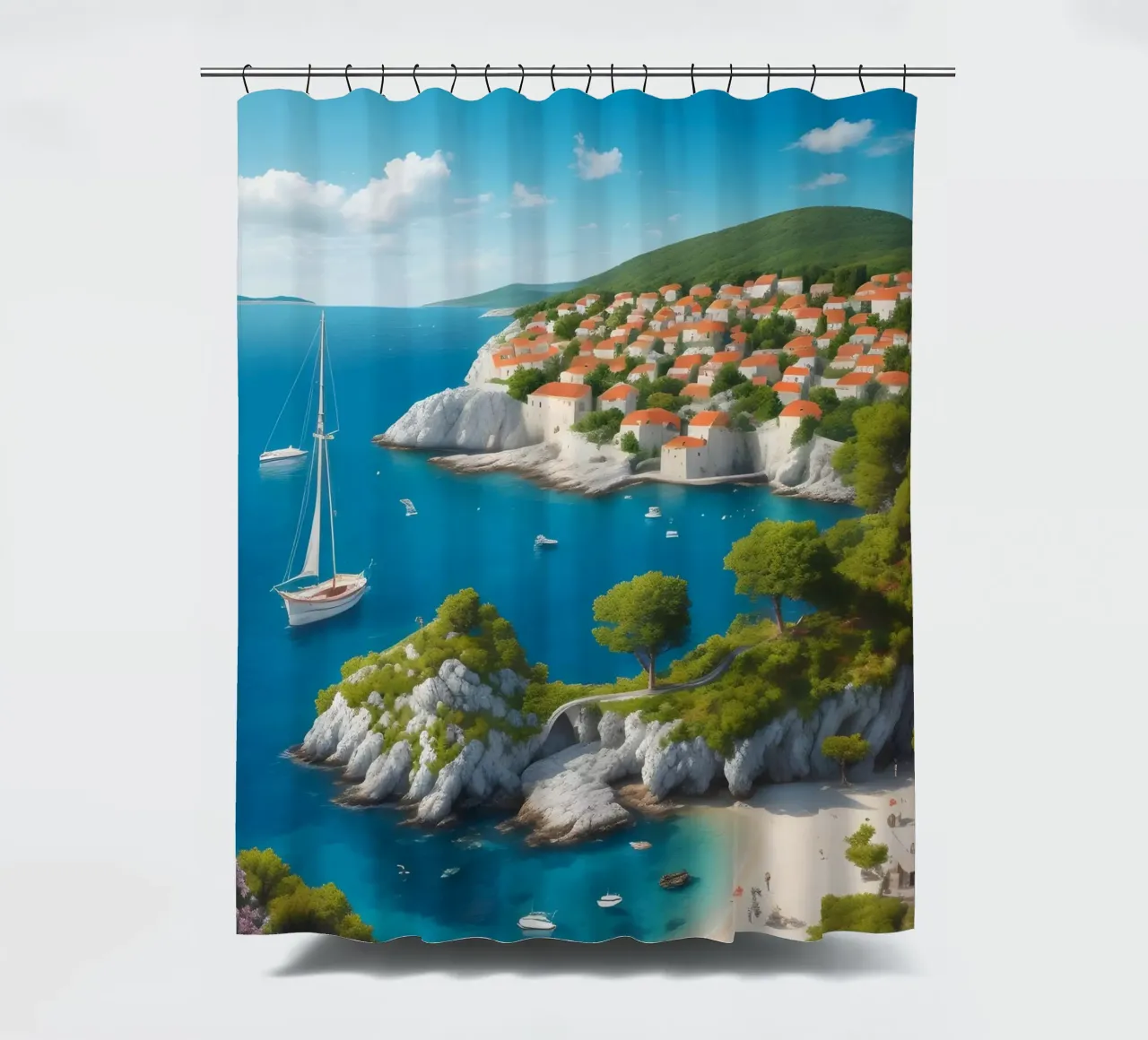 Scena della costa di Hvar tenda da doccia da Charnwood Prints