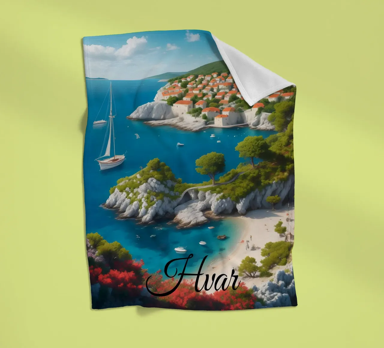 Scena della costa di Hvar coperta in pile da Charnwood Prints