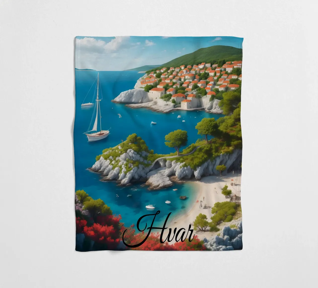 Scena della costa di Hvar coperta in pile da Charnwood Prints