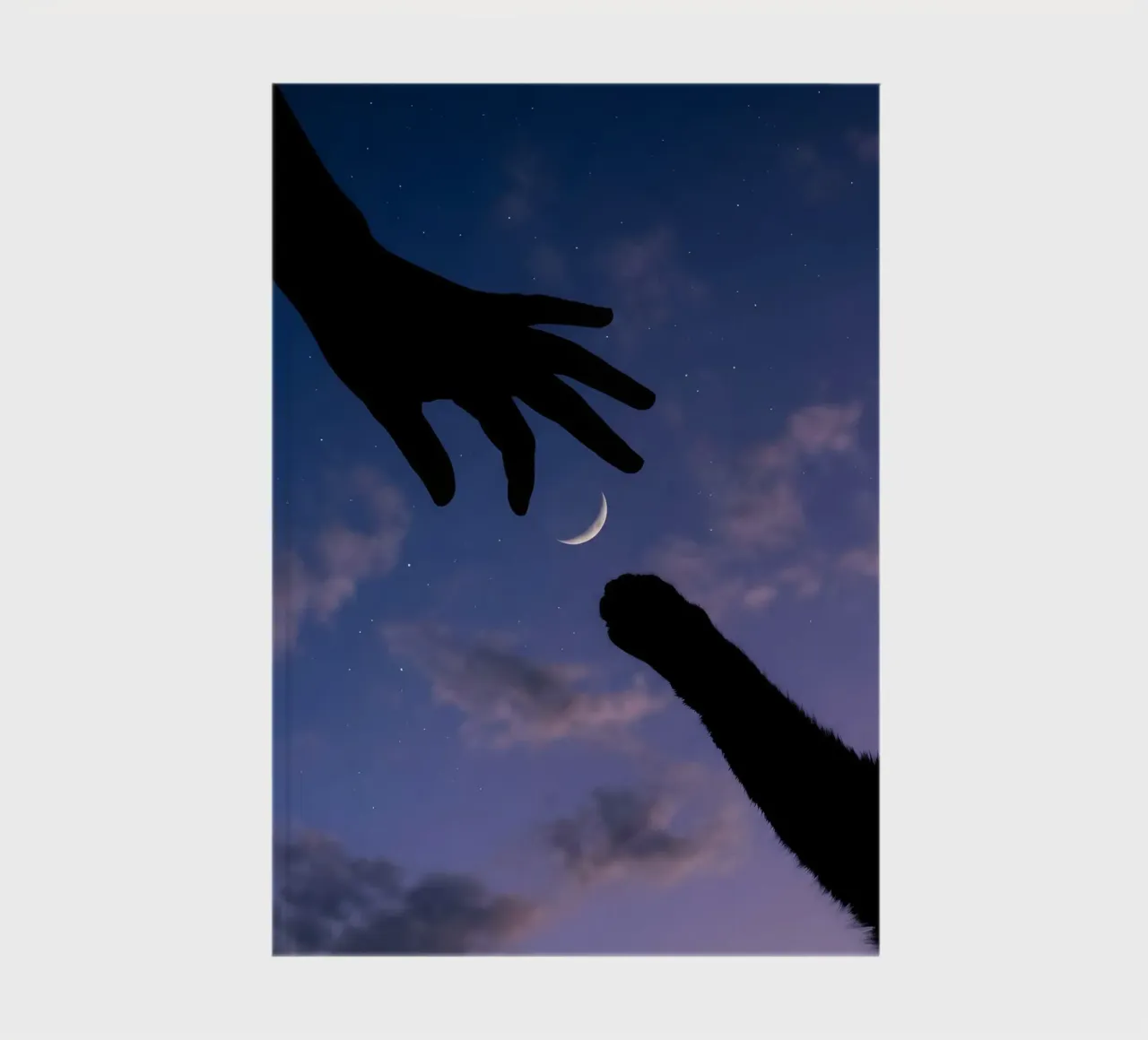 Hand and Cat Paw Reaching for the Crescent Moon Art Print notebook by Cosmic Reverie Studio