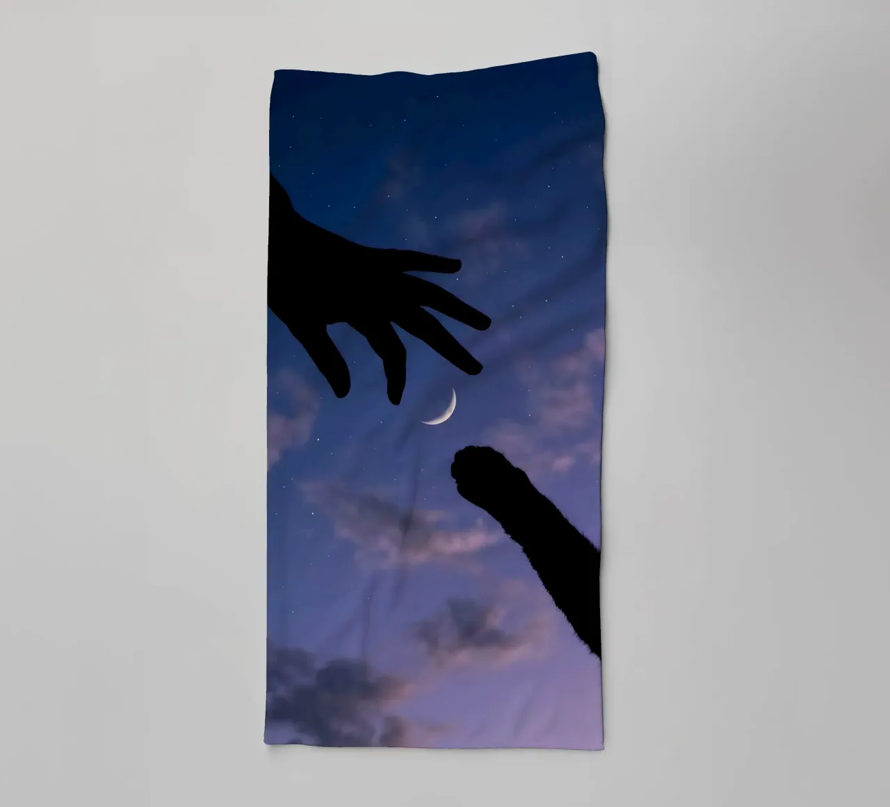 Hand and Cat Paw Reaching for the Crescent Moon Art Print towel by Cosmic Reverie Studio