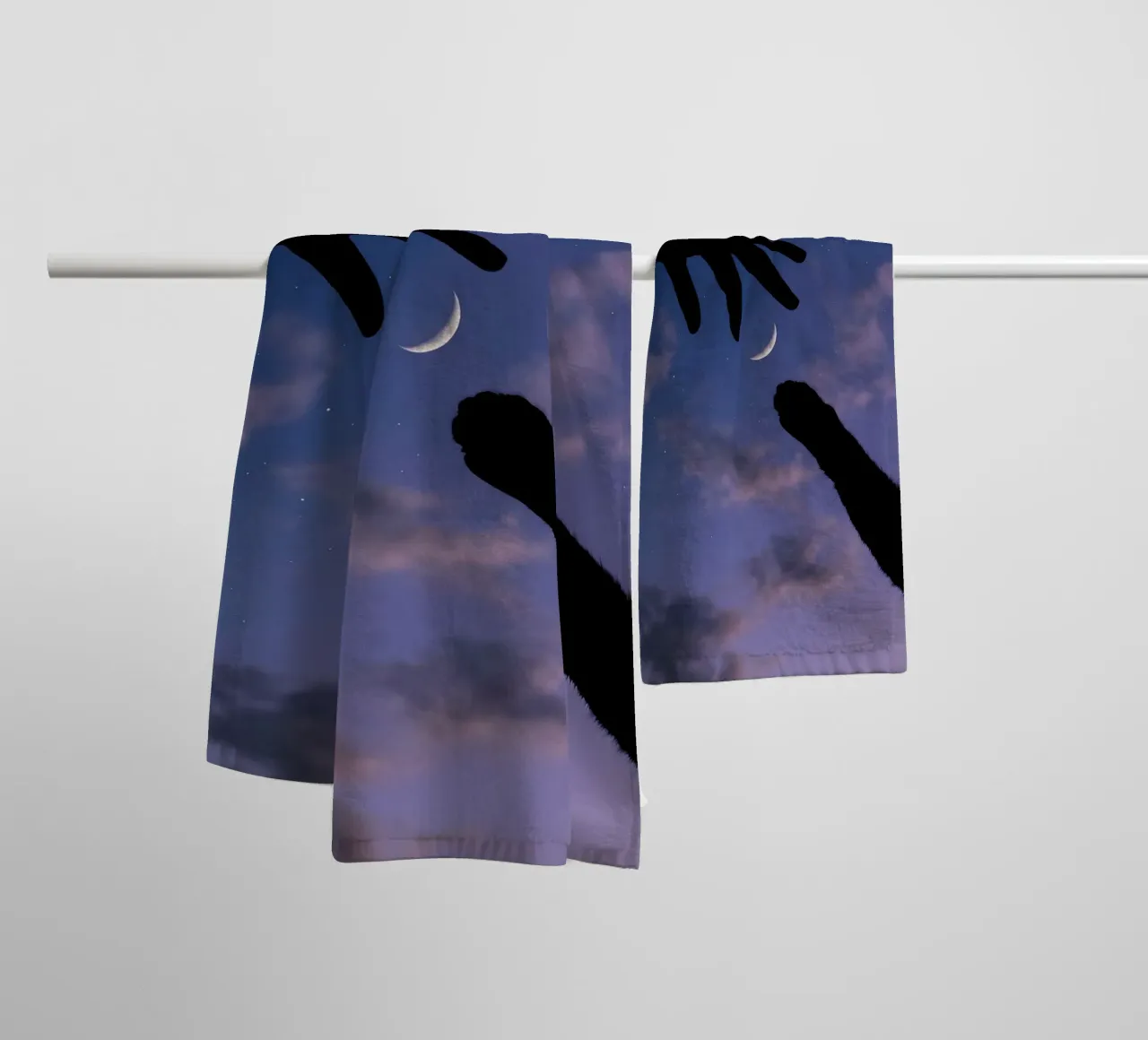 Hand and Cat Paw Reaching for the Crescent Moon Art Print towel by Cosmic Reverie Studio