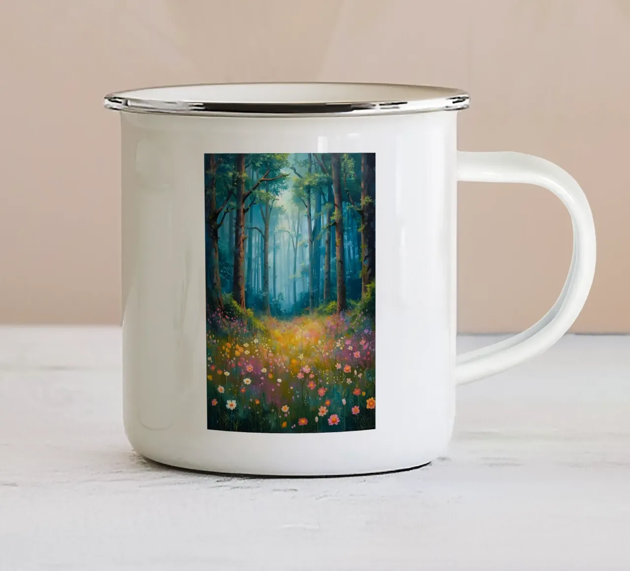 Foresta magica con prato colorato di fiori selvatici tazza in smalto da uniqe world