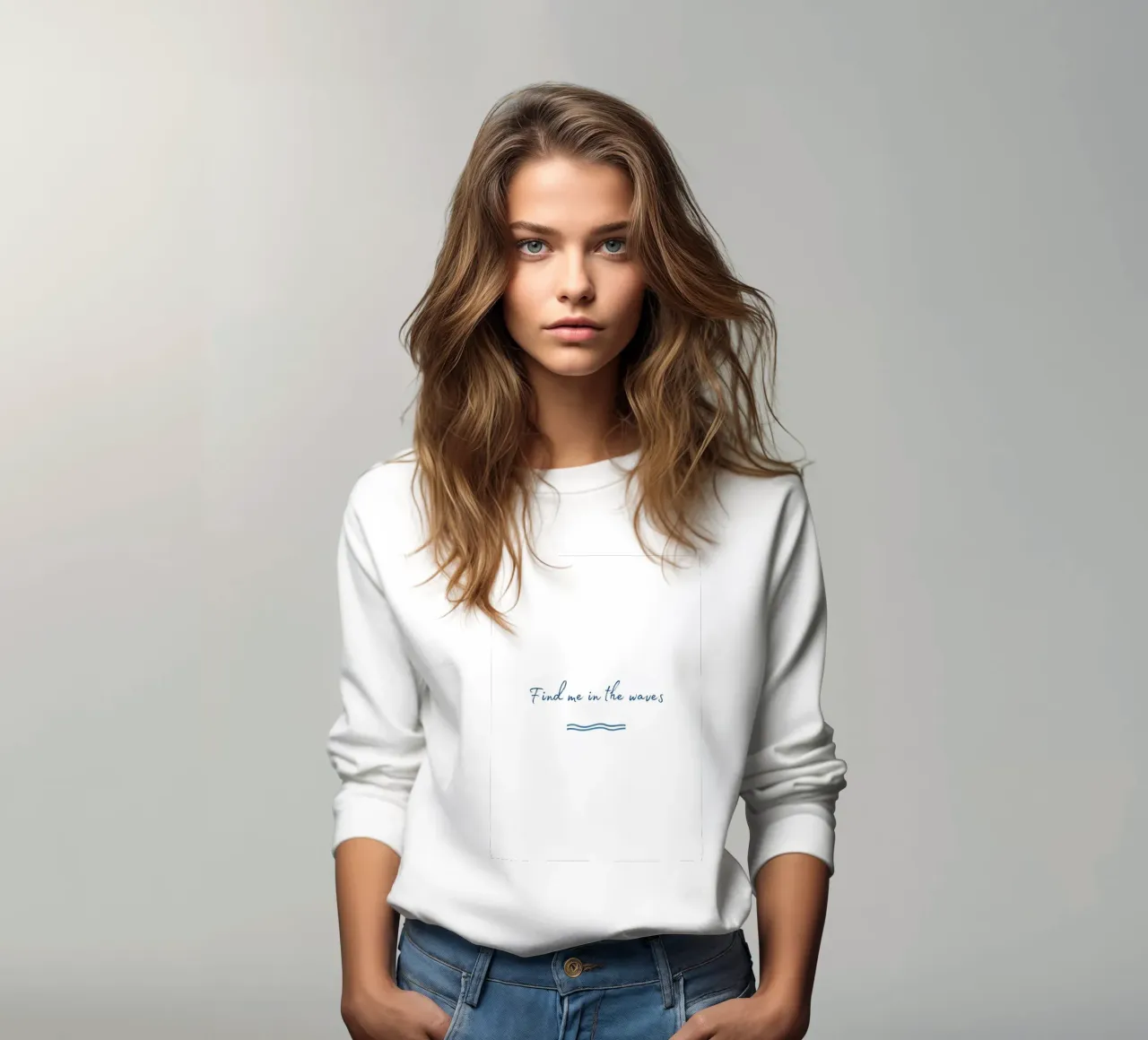 Minimalistischer Schriftzug „find me in the waves“ mit klein felpa da Coastal Art