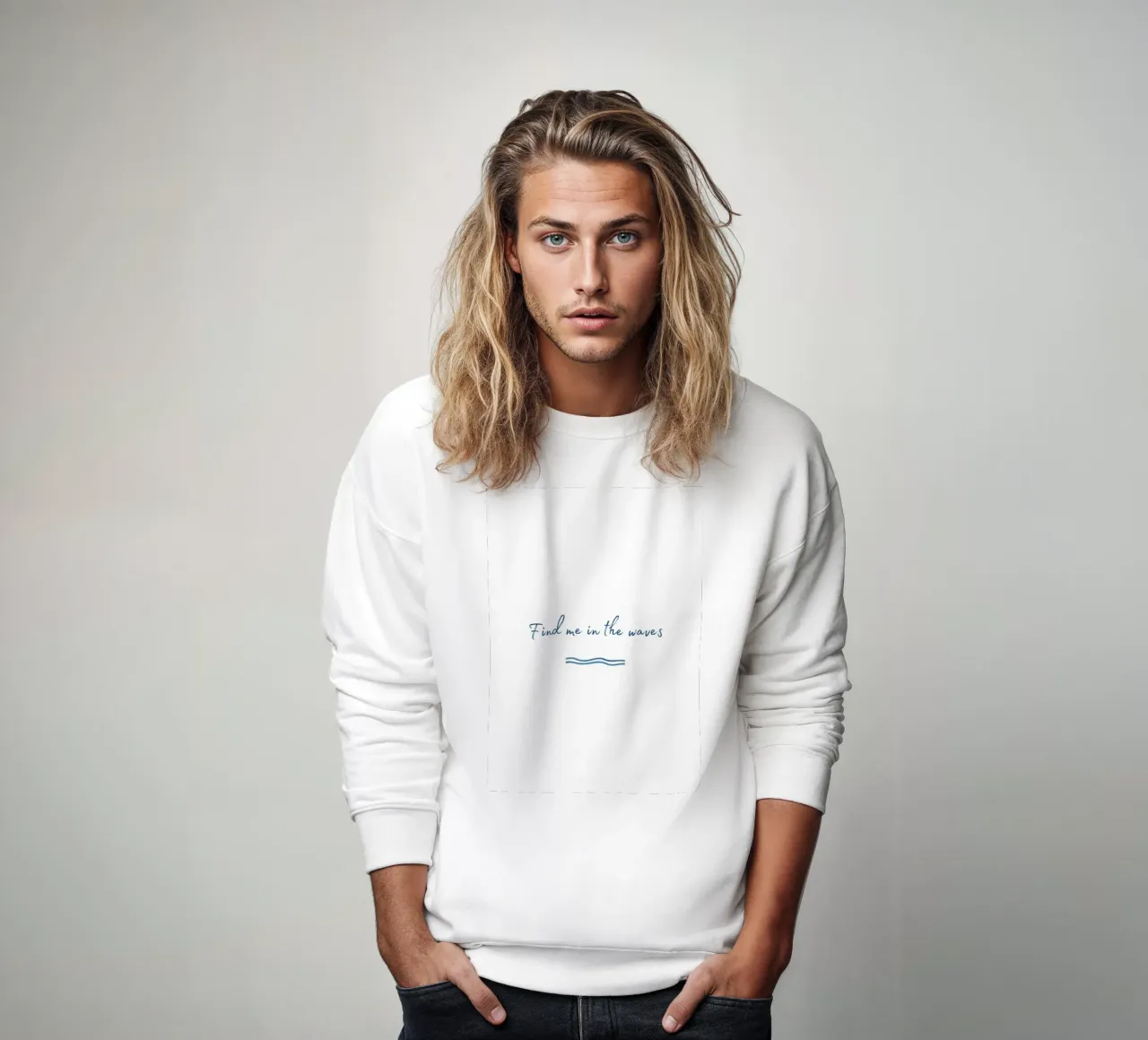 Minimalistischer Schriftzug „find me in the waves“ mit klein felpa da Coastal Art