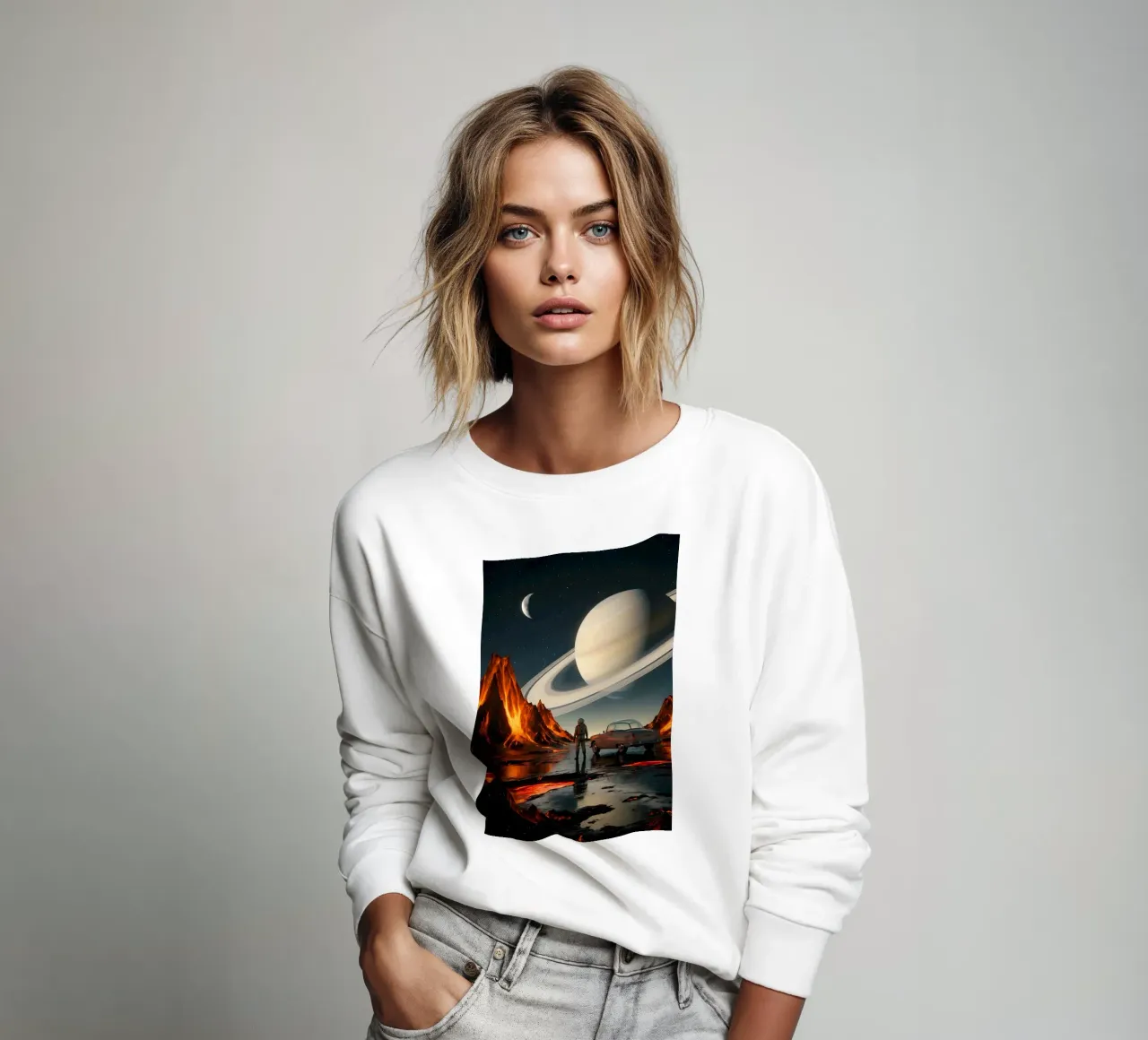 Astronauta e auto d'epoca su un mondo alieno in fiamme con Saturno felpa da Cosmic Reverie Studio