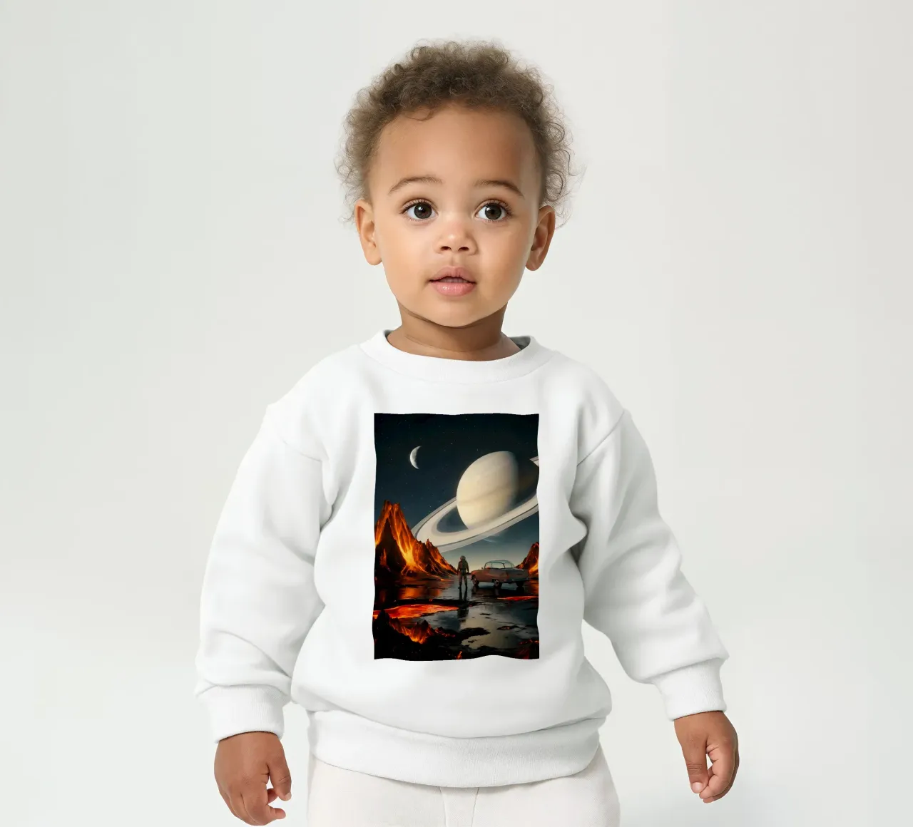 Astronauta e auto d'epoca su un mondo alieno in fiamme con Saturno felpa neonato da Cosmic Reverie Studio