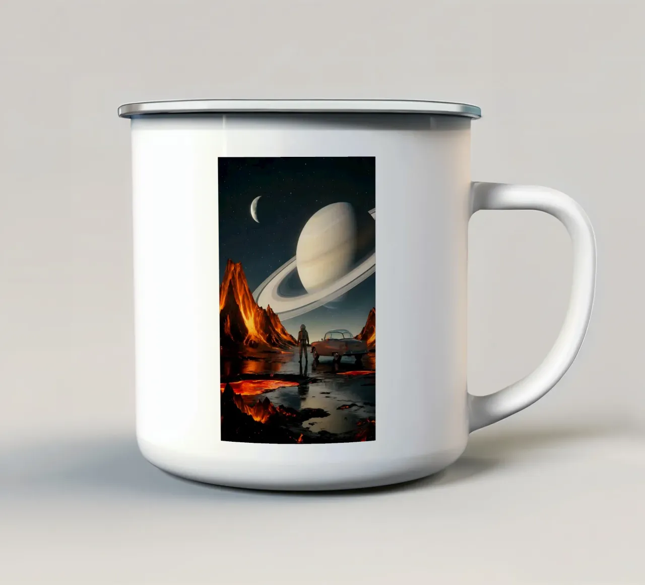 Astronauta e auto d'epoca su un mondo alieno in fiamme con Saturno tazza in smalto da Cosmic Reverie Studio