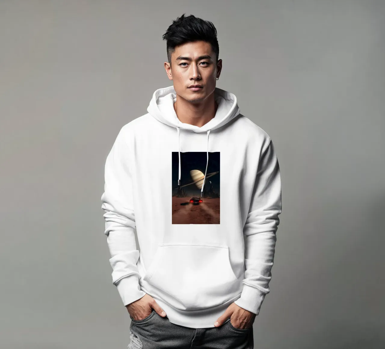 Auto retrò che guida verso Saturno in un mondo desertico alieno felpa con cappuccio da Cosmic Reverie Studio