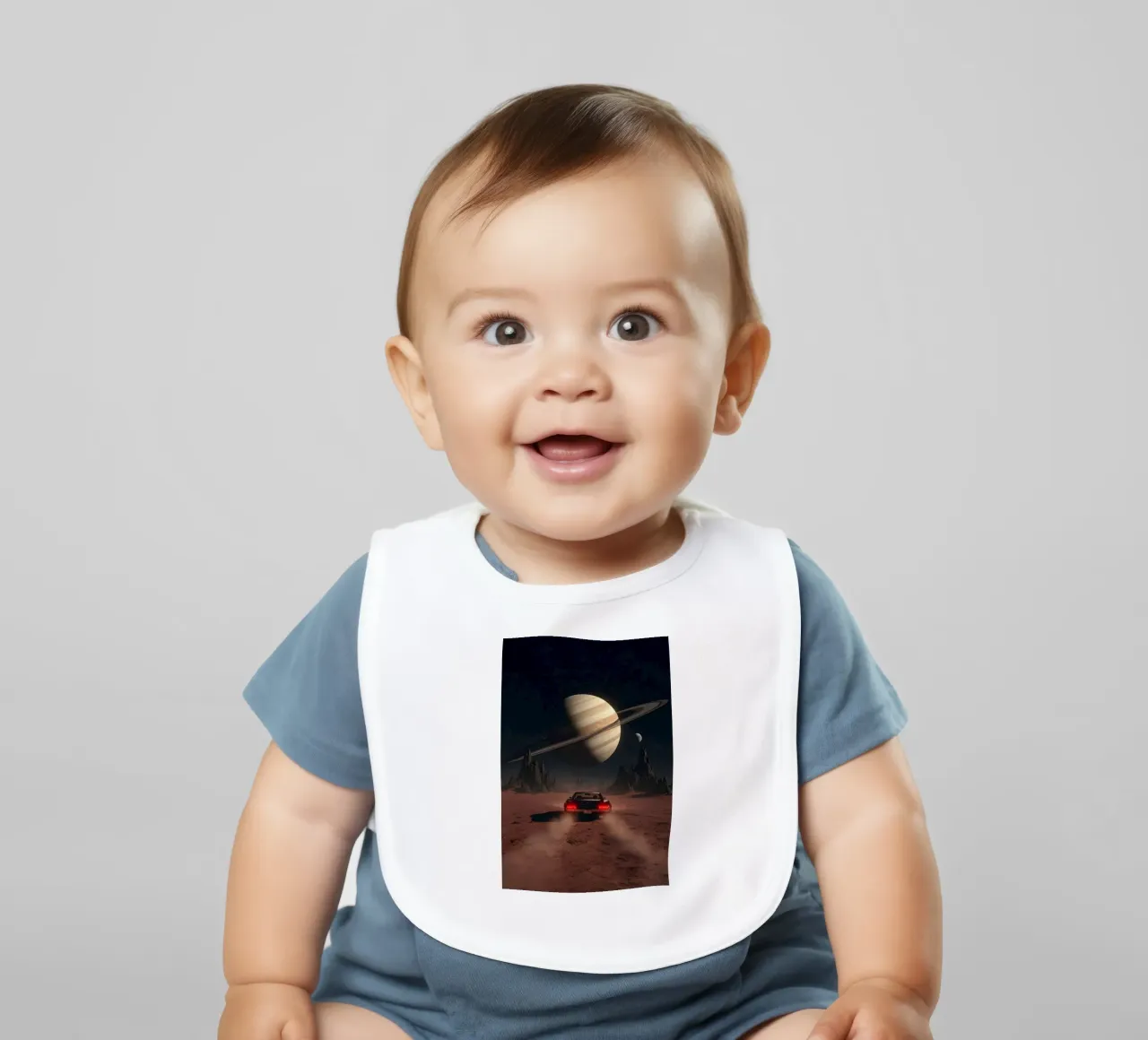 Auto retrò che guida verso Saturno in un mondo desertico alieno bavaglino da Cosmic Reverie Studio