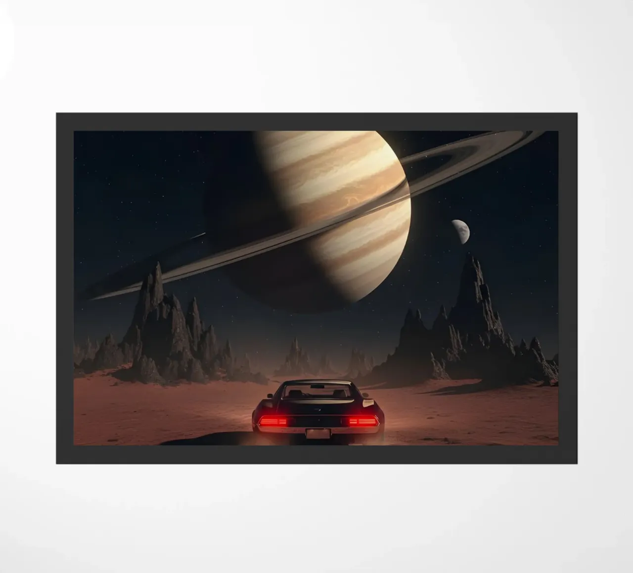 Auto retrò che guida verso Saturno in un mondo desertico alieno zerbino da Cosmic Reverie Studio