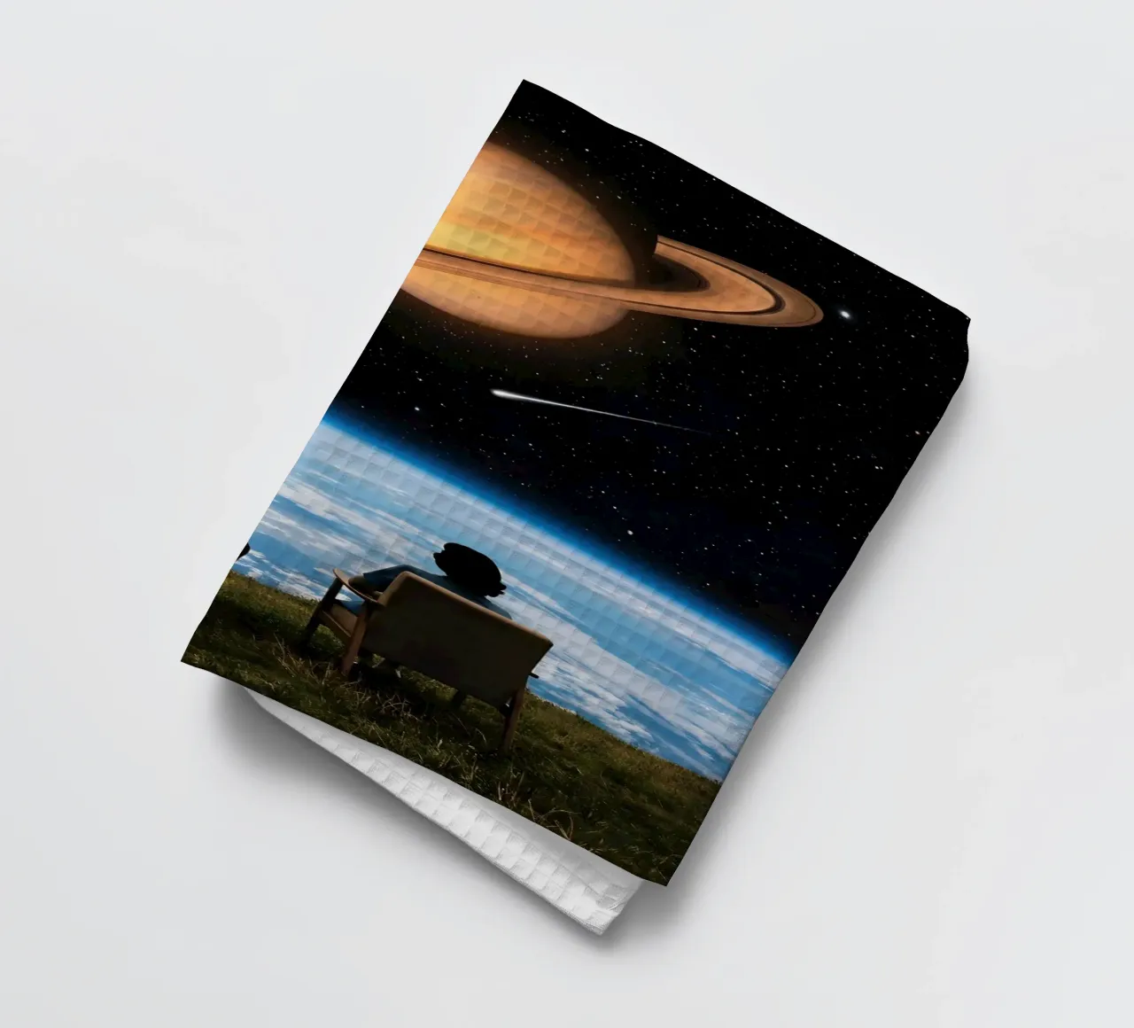 Vue cosmique : Saturn & Stars Dreamscape Art Print torchon de Cosmic Reverie Studio