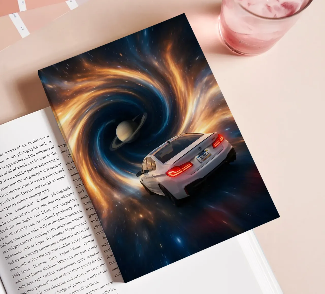 Cosmic Car Journey Through Space and Saturn Art Print notebook by Cosmic Reverie Studio