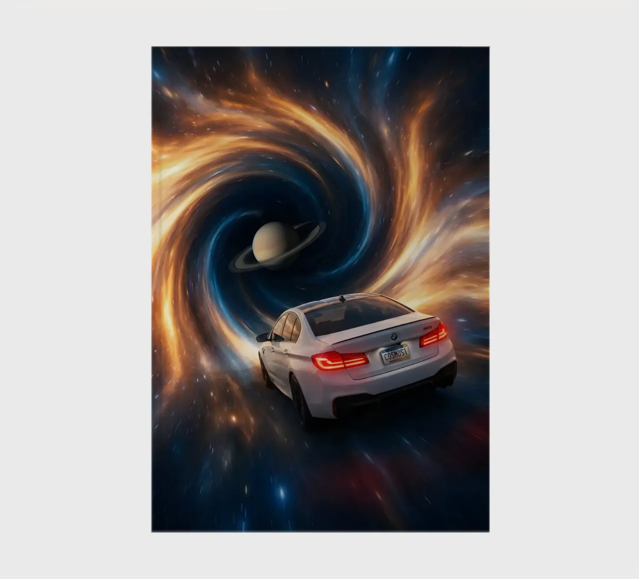 Cosmic Car Journey Through Space and Saturn Art Print notebook by Cosmic Reverie Studio