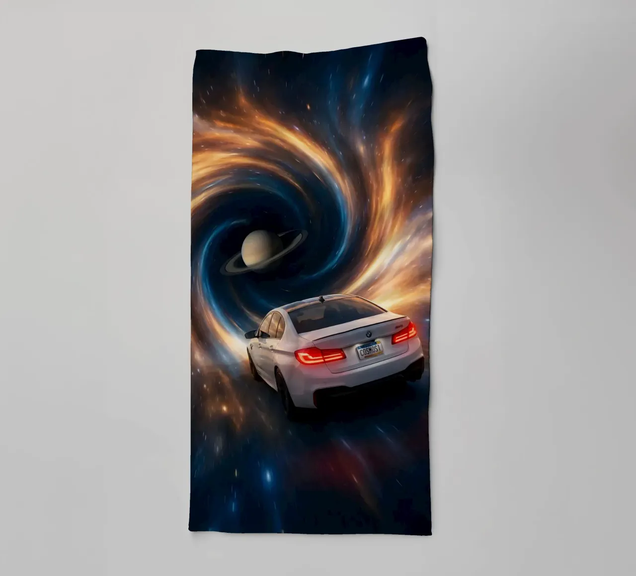 Cosmic Car Journey Through Space and Saturn Art Print towel by Cosmic Reverie Studio