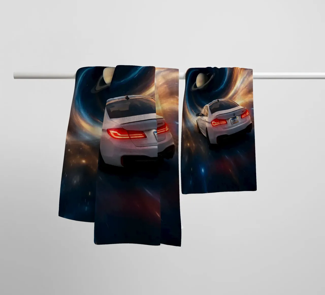 Cosmic Car Journey Through Space and Saturn Art Print towel by Cosmic Reverie Studio