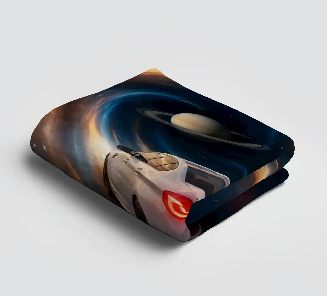 Cosmic Car Journey Through Space and Saturn Art Print towel by Cosmic Reverie Studio