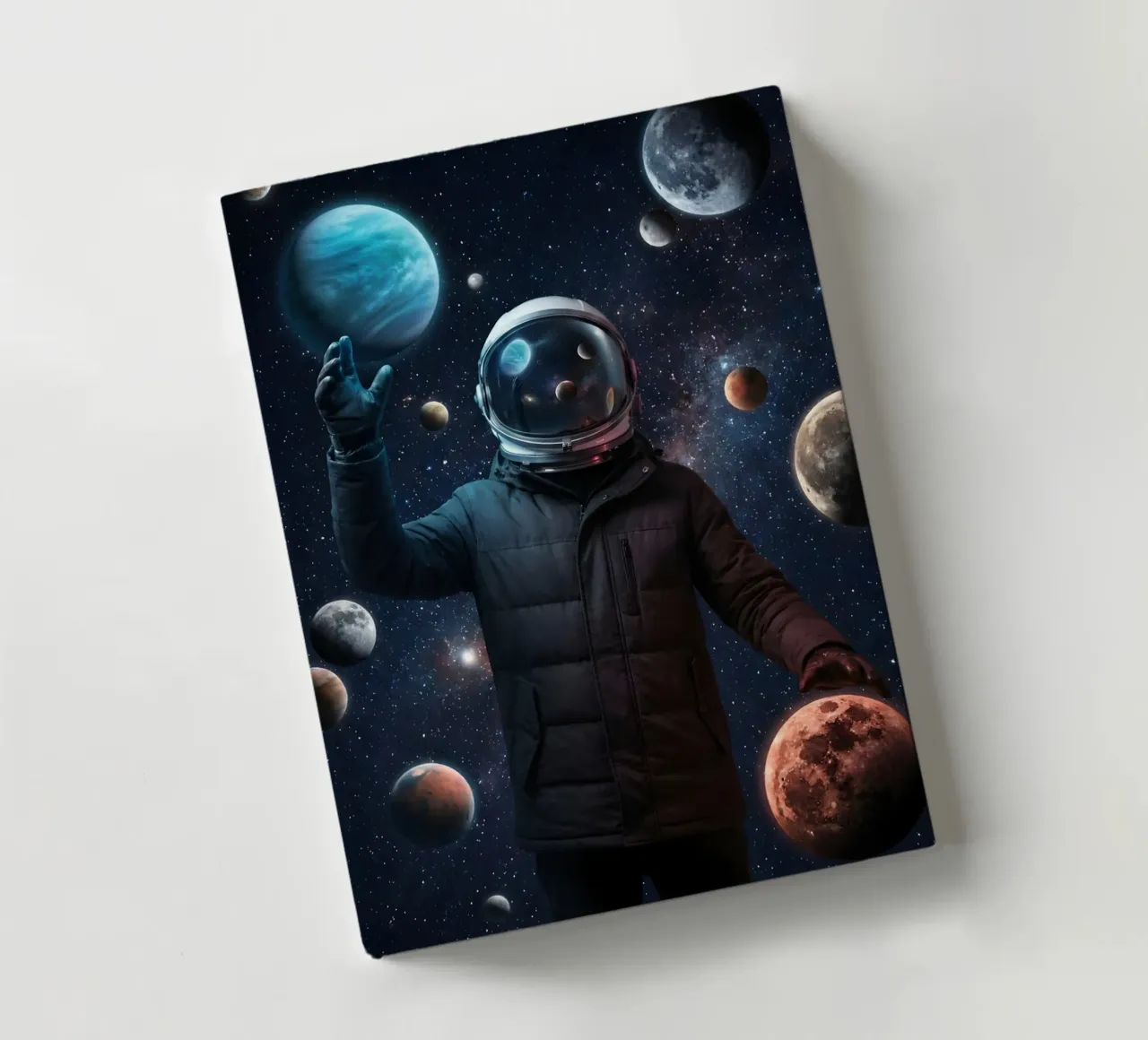 Astronaut Holding Planets in Surreal Outer Space Art notebook by Cosmic Reverie Studio