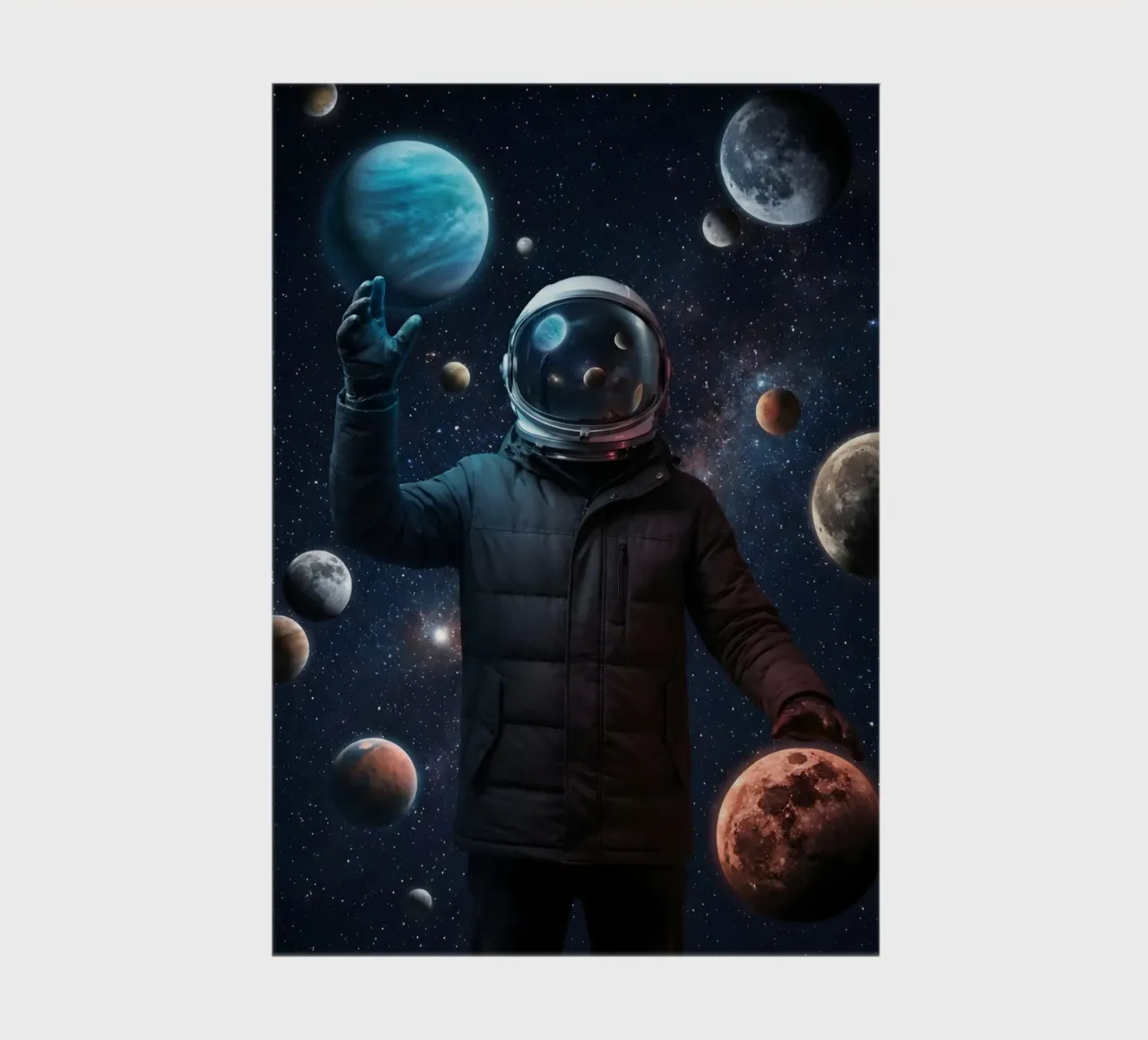 Astronaut Holding Planets in Surreal Outer Space Art notebook by Cosmic Reverie Studio