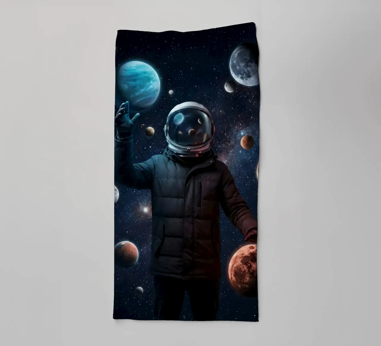 Astronaut Holding Planets in Surreal Outer Space Art towel by Cosmic Reverie Studio