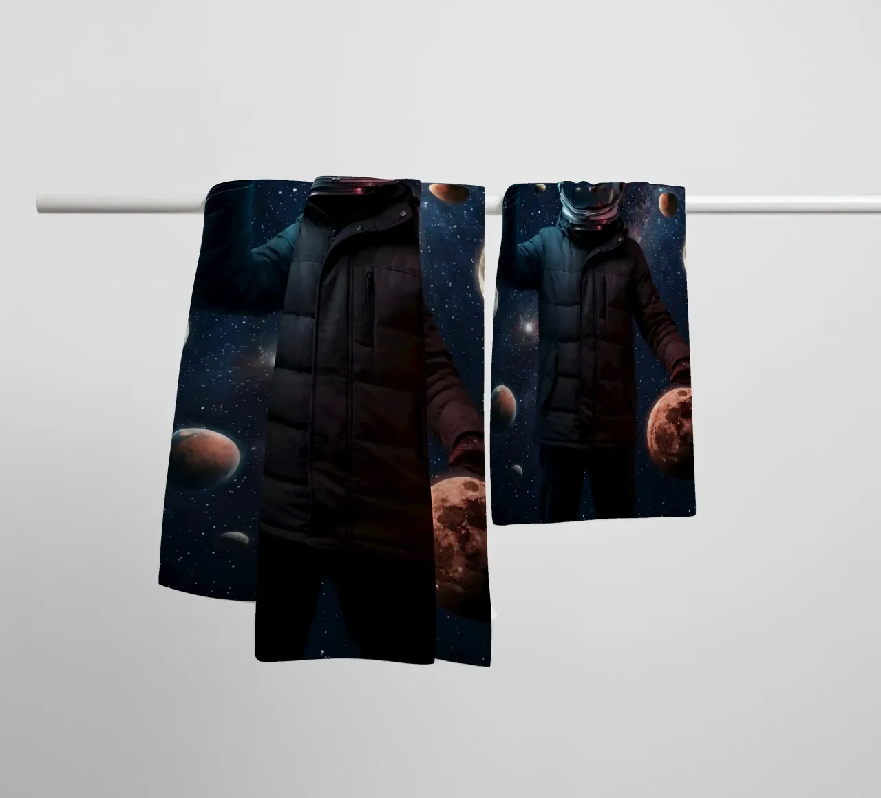 Astronaut Holding Planets in Surreal Outer Space Art towel by Cosmic Reverie Studio